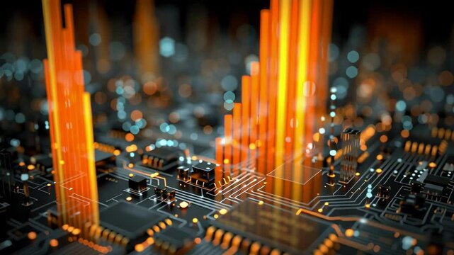 Overhead shot of a complex circuit board with glowing data lines, intertwined with rising bar graphs, symbolizing semiconductor production costs in the US, futuristic, dark background, cinematic,