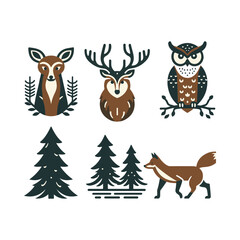 Illustrated woodland animals including a deer, stag, owl, and fox amidst evergreen trees in a serene forest