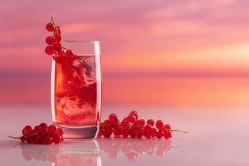 Red Currant Drink at Sunset. Refreshing red currant drink with ice in a glass against a sunset background. Ideal for food and beverage promotions.