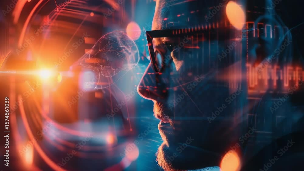 Poster a person studying or working on a computer with glasses