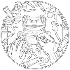 The artist's hands paint the frog top view in round frame. Coloring book antistress for children and adults.	