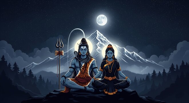 Shiva Parvati Night Sky Divine Art &ndash; Aesthetic Wallpaper (16:9)
