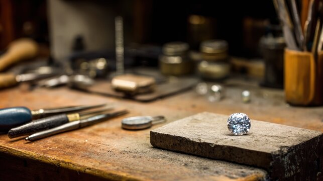 Diamond on jeweler's workbench