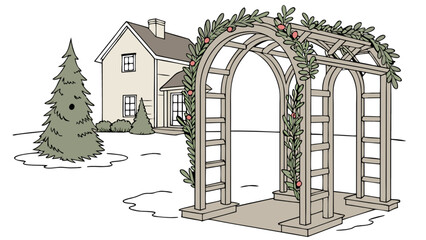 Illustration of a garden arbor with climbing plants and a house in the background drawing style