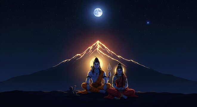 Shiva Parvati Night Sky Divine Art &ndash; Aesthetic Wallpaper (16:9)