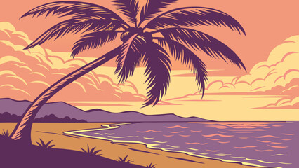 Palm on the beach with the sunset stock illustration