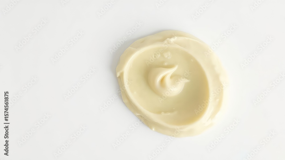 Poster thick, smooth, creamy light-colored substance on a white background with soft swirls and subtle text