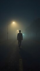 Man walking in fog at night, mysterious dark scene, silhouette of person in suit, moody photo