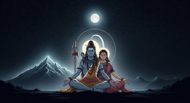 Shiva Parvati Night Sky Divine Art &ndash; Aesthetic Wallpaper (16:9)