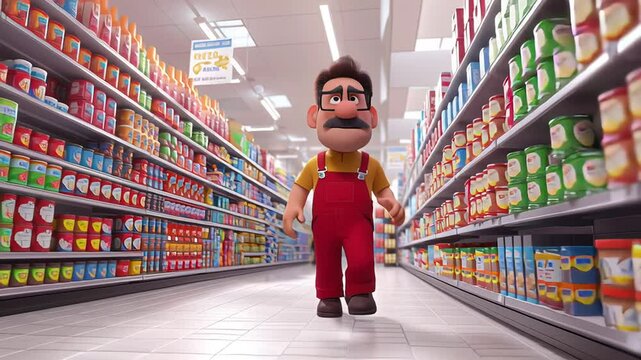 3D cartoon man in red overalls browsing products in a brightly lit supermarket aisle, looking surprised or confused. Concept of grocery shopping, consumer behavior and retail experience
