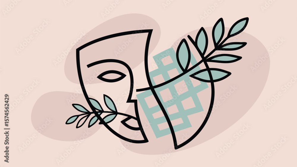 Poster abstract linear face with leaves and a geometric pattern on a light pink background design art