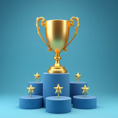 Golden Trophy and Stars on a Blue Podium Celebrating Excellence