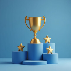 Golden Trophy and Stars on a Blue Podium Celebrating Excellence