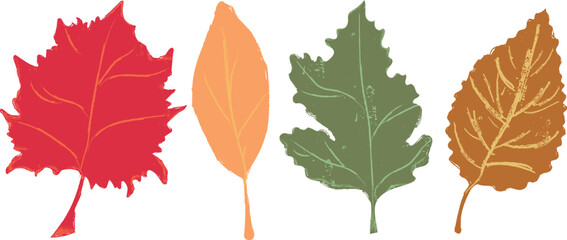 Retro Doodle Autumn Leaves with Grainy Texture in Minimal, Handdrawn, Textured, and Organic style, perfect for seasonal stationery. Vector illustration