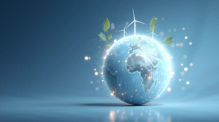 Animated sphere featuring softly pulsing energy lines and rotating wind turbine blades, highlighting clean energy concepts in a blue gradient space. - Powered by Adobe