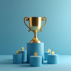 Golden Trophy and Stars on a Blue Podium Celebrating Excellence