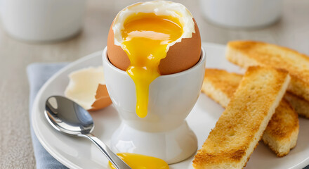 A soft-boiled egg in an egg cup, oozing yolk, served with toast strips and a spoon on the side.