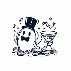 Cartoon Ghost in Top Hat with Martini Glass and Music Notes