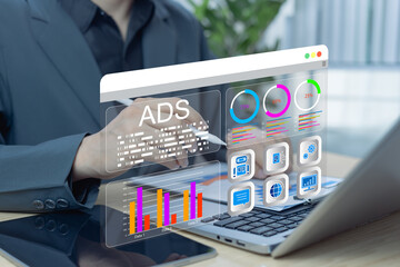 Businessman planning online sales with digital marketing dashboard. Strategy analysis for branding,...