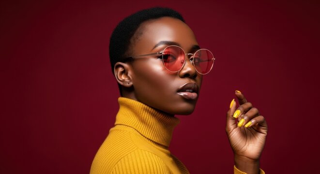 Stylish African Woman with Red Tinted Glasses and Yellow Turtleneck on Burgundy Backdrop
