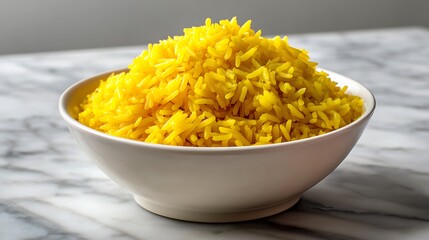 A bowl of fluffy yellow rice seasoned with turmeric and spices