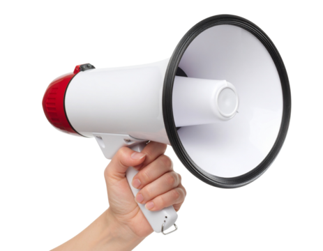 Megaphone in woman hands on a white background.