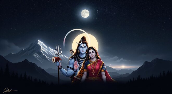 Shiva Parvati Night Sky Divine Art &ndash; Aesthetic Wallpaper (16:9)