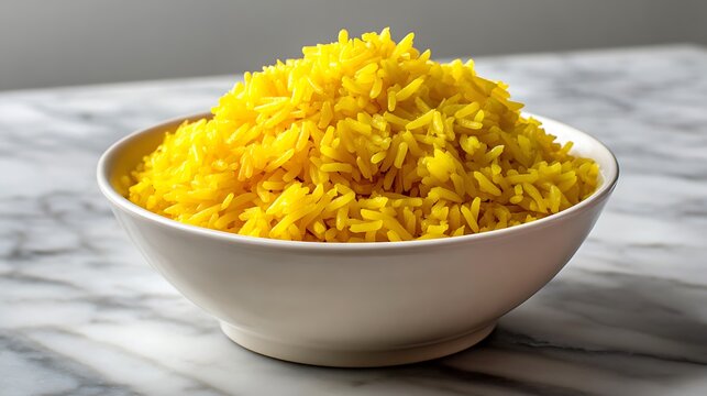 A bowl of fluffy yellow rice seasoned with turmeric and spices - Powered by Adobe