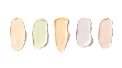 Fototapeta premium Assorted color correction cream swatches against a clean, bright background showing various shades and textures for a beauty product showcase