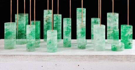 Green cylinders atop rods rest upon white surface. Varied heights create interesting visual rhythm. Minimalist sculpture, studio shot.
