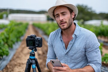 A charming young man contemplates while examining his mobile phone in a vineyard, illustrating the fusion of modern communication and the richness of nature around him.
