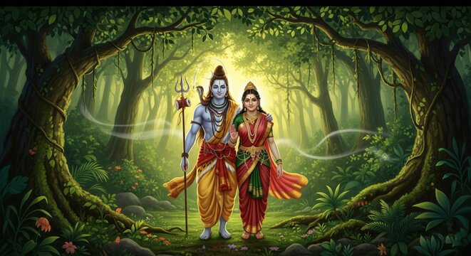 Shiv Parvati in Forest &ndash; Nature Love Spiritual Art (16:9)
