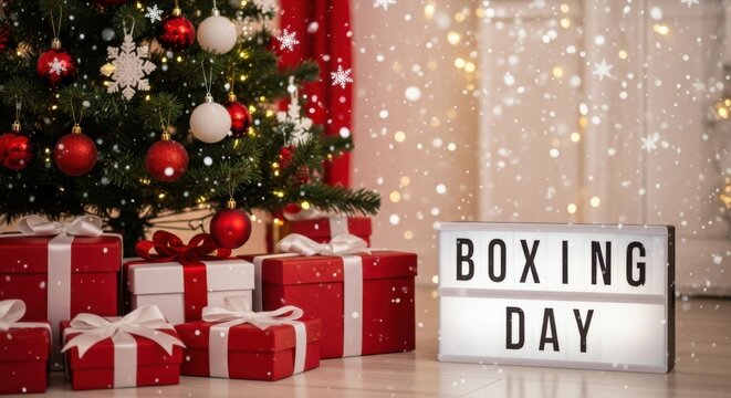 Boxing Day Celebration with Christmas Tree and Presents Snow Falling Indoors