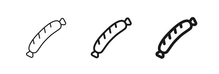 Grilled sausage icon in thin, regular, and bold outline. Perfect for food, bbq, or restaurant themes. Meat, butcher’s store. For menus, mobile apps, web page, fast food branding. Vector illustration