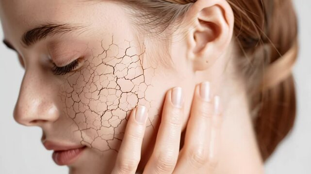 Close-up of a woman touching her cheek with cracked dry skin texture overlay, highlighting skincare concerns. Concept of dehydration, sensitive skin and beauty treatment
