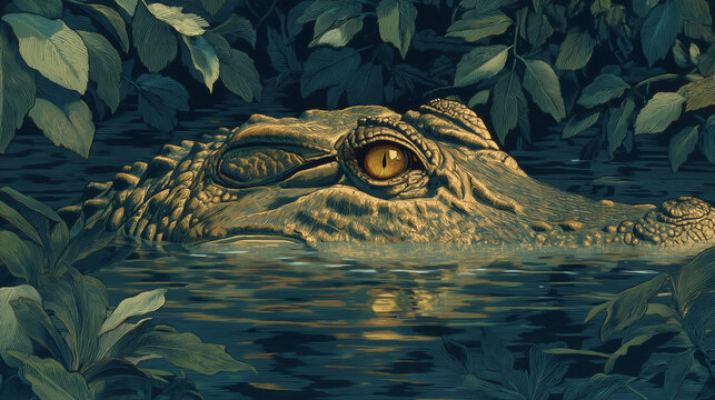 A crocodile lurks in dark water, its intense golden eye watching from behind jungle leaves. A painterly, mysterious illustration of a predator.