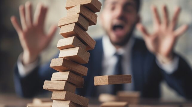 A man reacts with surprise as a tower of wooden blocks collapses in front of him during a game.