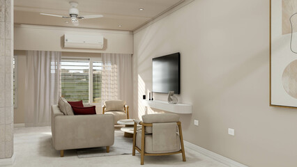  Photorealistic 3D rendering of a japandi interior living room, digitally designed with no trademarks or recognizable copyrighted elements. Image created by a 3D artist for architectural visualization