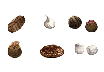 watercolor chocolate candy, cookie, marshmallow isolated clipart on transparent background perfect for dessert shop branding, greeting cards, and packaging design, kitchen print, food labels