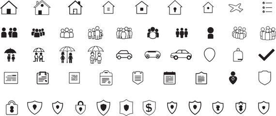 Black and White Insurance Icon Set House Family Car Document Shield Symbols icons