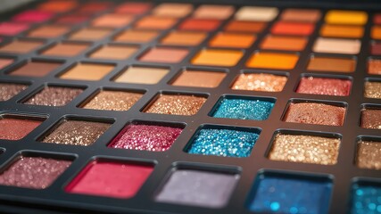 Palette of shimmering and matte makeup colors for artistic applications, perfect for beauty, style, and cosmetic design projects