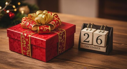 Red Gift Box With Gold Ribbon Beside Perpetual Calendar Showing December 26 on Wooden Table