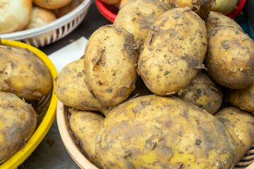 Harvest bounty. Freshly dug potatoes in rustic baskets at the market. A closeup view of organic...