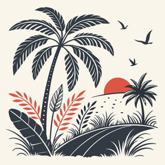Palm trees.Tropical beach nature elements.Leaf shapes.Summer holiday exotic travel logo.Branches illustration.Plant sign isolated on light background.Artistic style icon.Outdoor lifestyle