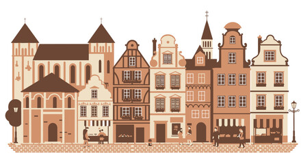Illustrated European Cityscape with Buildings Church and Street Vendors in Brown and Beige Tones.