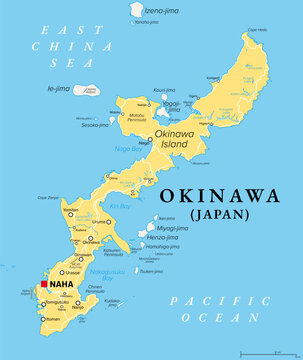 Okinawa Island, Japan, political map. One of the five main islands of Japan, and largest of the Okinawa Islands and the Ryukyu islands in the Kyushu region, with the capital Naha. Illustration. Vector