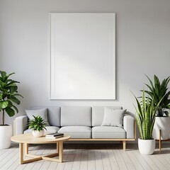 Living room interior with gray sofa blank frame plants and wooden floor in modern home decor style