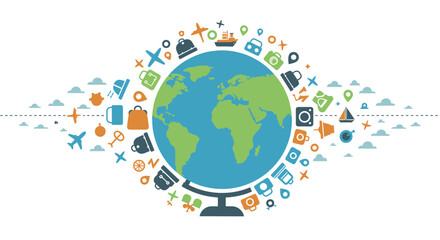 Stylized Globe Surrounded by Travel Icons in Various Colors and Shapes.