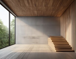 modern contemporary loft empty room with nature view 3d render there are wooden stair plank wall and ceiling and blank concrete wall for copy space