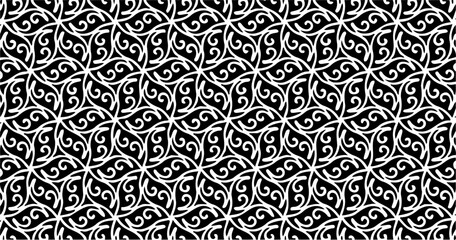 Seamless black and white pattern with elegant floral swirls, creating a classic and decorative design for backgrounds or textile prints.
